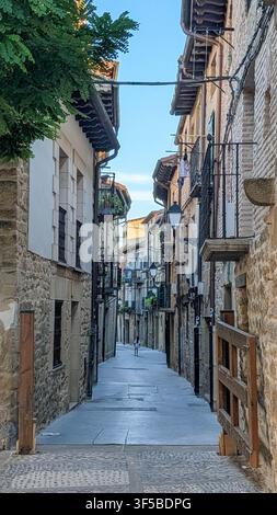 Vista verticale scenografica di un vicolo con case in pietra, balconi in ferro e lampioni classici. Architettura affascinante della vecchia città nella Spagna rurale. Foto Stock