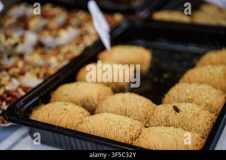 Vespa su dolce kunafa con pistacchi al mercato all'aperto. Dessert zuccherino mediorientale che attira insetti, aroma orientale allettante, prelibatezze del mercato di strada, estate deliziosa Foto Stock