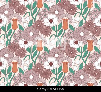 Elegante motivo floreale senza cuciture con fiori selvatici, foglie ed elementi botanici ispirati al retrò in toni terrosi morbidi. Ideale per tessuti, carte da parati, Illustrazione Vettoriale