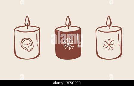 Set di candele invernali accoglienti disegnate a mano, illustrazione vettoriale a scarabocchio Illustrazione Vettoriale