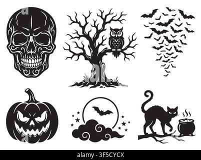 Set di icone Halloween in bianco e nero con teschio, albero, gufo, pipistrelli, zucca, gatto e calderone magico su vettore bianco, illustrazione Illustrazione Vettoriale