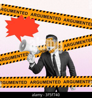 Collage di arte contemporanea con un uomo in giacca e cravatta che urla in un megafono con nastro segnaletico sugli occhi, simboleggiando dibattiti accesi, rumore mediatico Foto Stock
