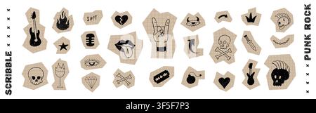 Adesivi punk vettoriali. Icone anarchiche ritagliate. Effetti grunge e carta cerata. Elementi di collage per scrapbooking Illustrazione Vettoriale
