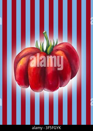 Sfondo estivo Tomato Girl con pomodori rossi freschi, tessuto a righe blu Foto Stock