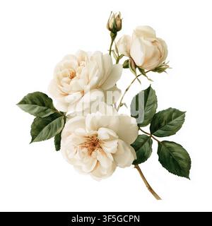 Ramo di rosa da giardino beige tenero in acquerello con delicate fioriture, foglie verdi e boccioli, illustrazione botanica floreale disegnata a mano per il matrimonio Foto Stock