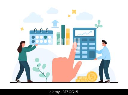Persone gestiscono calcoli finanziari con calcolatrice, calendario, grafici e monete per il budgeting, la contabilità, l'analisi e la pianificazione aziendale isolati su sfondo bianco illustrazione vettoriale Illustrazione Vettoriale