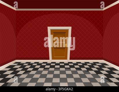 Stanza vuota in stile cartone animato con una porta rossa. Illustrazione vettoriale Illustrazione Vettoriale
