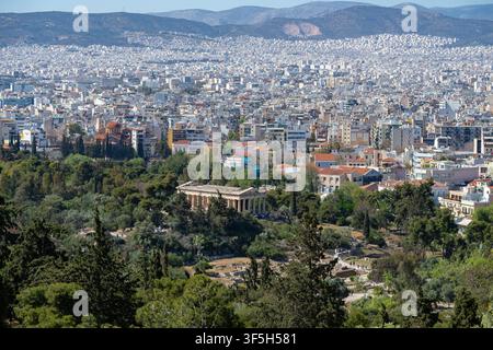 Vista del tempio di Efesto dall'acropoli, Atene Foto Stock