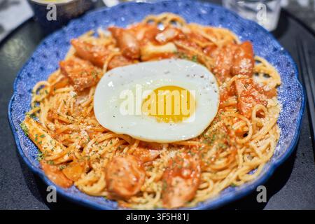 Spaghetti napoletani con un uovo al plat sopra, un famoso piatto di pasta giapponese al ketchup con salsiccia e peperoni. Foto Stock