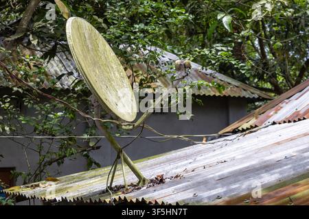 Ricevitore satellitare consumato montato su un tetto in lamiera ondulata in una zona rurale. Antenna per segnale televisivo, telecomunicazione e concetto di tecnologia Foto Stock