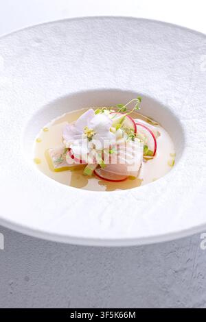 Elegante ceviche di pesce peruviana servita in una ciotola di ceramica bianca con ravanelli affettati, cetriolo, microverdure, fiore commestibile, marinata agli agrumi e olio d'oliva. Foto Stock