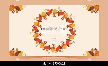 Tacchino carino con zucche e ghirlanda autunnale per un invito a una cena del Ringraziamento. Ideale per biglietti di auguri, eventi di festa e design di stampa, illustrazione vettoriale. Illustrazione Vettoriale