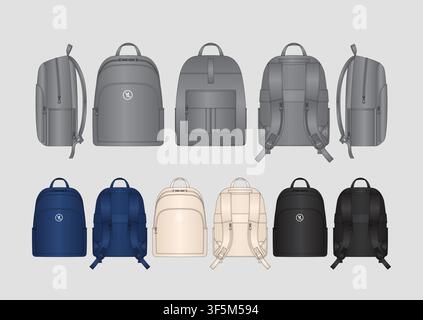 Mockup vettoriale di prodotto di zaino professionale casual per laptop con disegno tecnico a più viste, pannello posteriore ergonomico e scomparti di stoccaggio utilitari Illustrazione Vettoriale