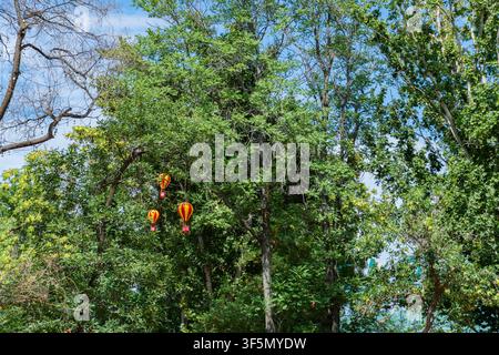 Palloncini colorati decorativi appesi ai rami degli alberi in un parco verdeggiante in una giornata soleggiata. Scena all'aperto vibrante con natura, fogliame e f Foto Stock