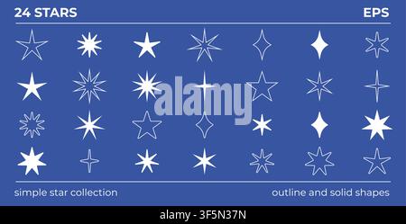 Stelle bianche formano una semplice collezione di forme di contorno e icone piene disposte ordinatamente su uno sfondo blu Illustrazione Vettoriale