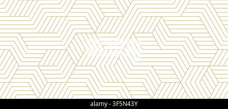 Modello geometrico a linea dorata senza cuciture su sfondo bianco, texture vettoriale labirinto elegante art déco astratta. Carta da parati moderna leggera, monocromo beige Illustrazione Vettoriale