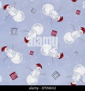 Modello senza cuciture ripetitivo di un pupazzo di neve in acquerello con cappelli rossi. Ornamento per le feste invernali con regali disegnati a mano in motivi a righe rosse e blu. Per Foto Stock