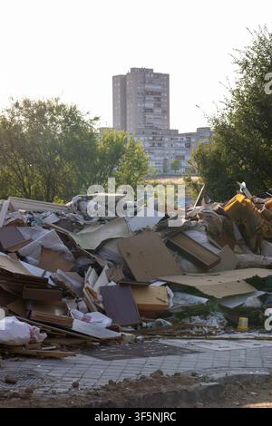 Grande pila di rifiuti edili e domestici che inquinano lo spazio verde urbano vicino agli edifici cittadini Foto Stock
