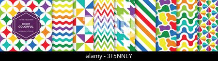 Collezione di motivi geometrici luminosi e colorati senza cuciture. Set di layout vettoriale arcobaleno con mosaico di modelli astratti, linee ondulate, strisce a zigzag e Illustrazione Vettoriale