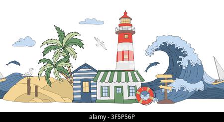 Bordo orizzontale senza cuciture vettoriale case costiere, barca, onde oceaniche, vita marina. Sfondo marino con fari, gabbiani e delfini che saltano. Per Illustrazione Vettoriale