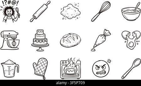 Illustrazioni vettoriali di fallimenti nella pasticceria con chef stressati e arrabbiati, matterelli di legno, nuvole di polvere di farina, fruste in filo metallico e ciotole per mescolare Illustrazione Vettoriale