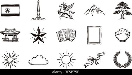 Illustrazioni del patrimonio nordcoreano con monumenti architettonici, vette montane, stelle radianti ed elementi decorativi a nastro Illustrazione Vettoriale
