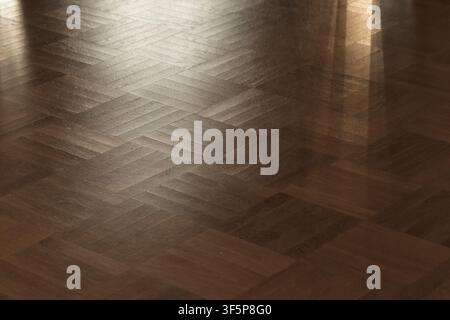 Pavimento in parquet a spina di pesce lucido che riflette la luce calda in un interno vuoto. Toni marroni ricchi e una texture lucida creano un'elegante geometria Foto Stock