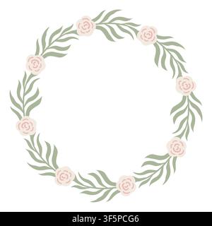 Ghirlanda floreale composta da rosa rosa e ramo di foglia verde. Cornice decorativa con elemento vegetale per invito di matrimonio o biglietto di auguri. Disegno di bordo botanico su sfondo bianco. Illustrazione Vettoriale