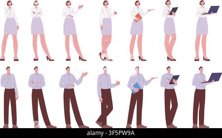 Personaggi aziendali. Direttori d'ufficio maschi e femmine in abiti classici in diverse pose. Amministratori, insegnanti, professionisti ufficiali, vettore Illustrazione Vettoriale