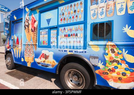 Il colorato camion dei gelati Sunrise Delight e dello yogurt ghiacciato parcheggiato su Northern Boulevard a Queens. I loro prodotti sono kosher. Foto Stock