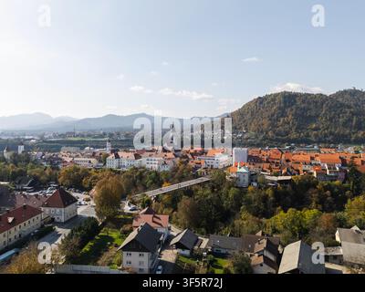 La vista mostra Kranj in Slovenia con tetti, alberi, montagne e cieli sereni durante il giorno. Foto Stock
