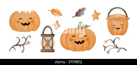 Set di zucche di Halloween acquerellate con foglie di quercia, lanterna e rami autunnali. Personaggi arancioni carini dipinti a mano isolati su bianco. Perfetto per Foto Stock