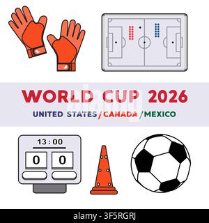 Illustrazione della Coppa del Mondo 2026 con elementi di calcio e paesi ospitanti USA, Canada, Messico vector Illustrazione Vettoriale