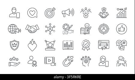 Set di icone della linea influencer. I contenuti del podcast video influenzano Symbol marketing digital media social network Illustrazione Vettoriale