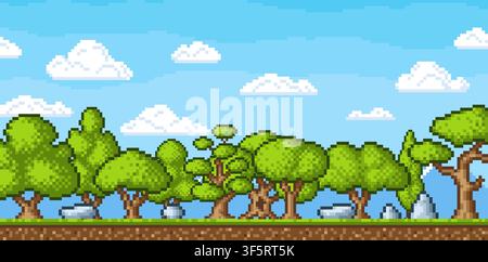 Paesaggio boschivo in pixel art. Alberi di diversi stili, nuvole bianche in un cielo blu. Livello di gioco arcade, terreno, piante, design vintage 8 bit, vettore Illustrazione Vettoriale