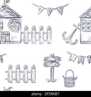Motivo marino senza cuciture con cottage, ancora e recinto, bandiere. Tutto è disegnato a mano con inchiostro. Carta da parati decorativa in stile marino per l'interno o Illustrazione Vettoriale