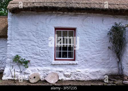 Finestra a ghigliottina tradizionale e macine su un cottage in bianco a calce con tetto di paglia presso l'Ulster American Folk Park vicino a Omagh, Contea di Tyrone. Foto Stock