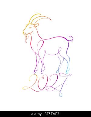 2027 Buon anno nuovo anno della Capra. Disegnato a mano. Non IA, illustrazione vettoriale. Illustrazione Vettoriale