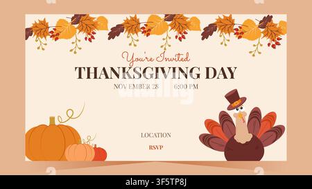 Tacchino carino con zucche e ghirlanda autunnale per un invito a una cena del Ringraziamento. Ideale per biglietti di auguri, eventi di festa e design di stampa, illustrazione vettoriale. Illustrazione Vettoriale