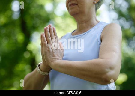 Donna anziana che pratica yoga e medita nella natura Foto Stock