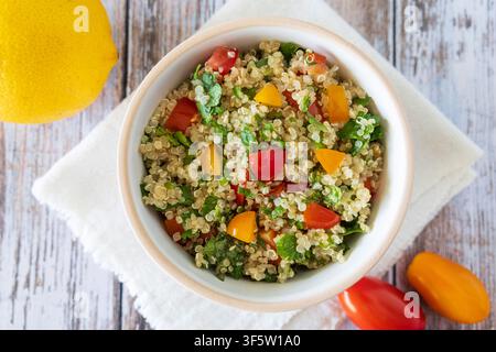 Prima piano di una ciotola di tabbouleh fatto in casa con quinoa, pomodori, menta e prezzemolo. Foto Stock