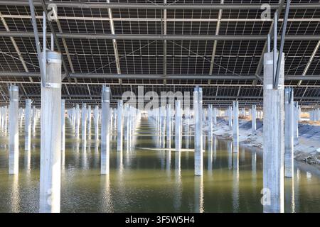L'immagine mostra l'interno di una centrale solare galleggiante, con file di pilastri in cemento che sostengono i pannelli solari. Acqua calma si trova sotto, con cle Foto Stock