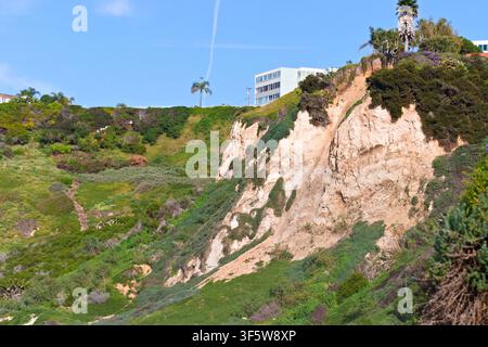 Scogliere costiere erose e colline verdi si innalzano sopra Rat Beach, California, rivelando geologia, vegetazione e case sul mare. Foto Stock