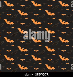 Modello Halloween senza cuciture con pipistrelli arancioni e neri su uno sfondo scuro, perfetto per decorazioni stagionali spettrali Illustrazione Vettoriale