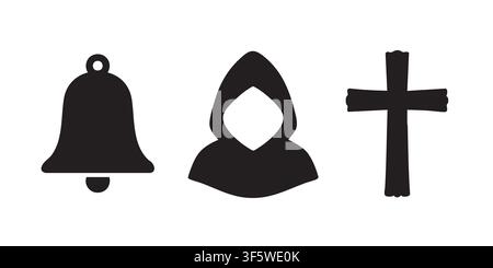 Set di vettori a silhouette nera di campana, figura incappucciata e illustrazione religiosa della croce Illustrazione Vettoriale