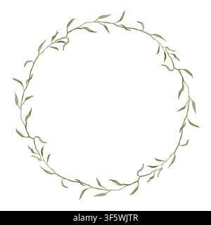Modello di ghirlanda di foglie verdi. Illustrazioni botaniche ad acquerello disegnate a mano. Cornice per inviti di matrimonio o decorazioni botaniche minimaliste Foto Stock