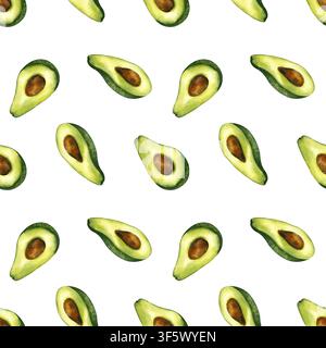 Modello a acqua senza cuciture con avocado. Mezze avocado fresche disegnate a mano con noccioli isolati su sfondo bianco. Texture alimentare tropicale vibrante per Foto Stock