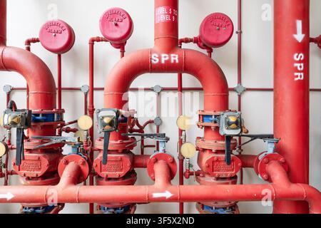 Prima piano di un sistema di sprinkler antincendio industriale con tubi rossi, valvole di allarme e manometri che creano uno sfondo di protezione antincendio affidabile con spazio per il testo Foto Stock