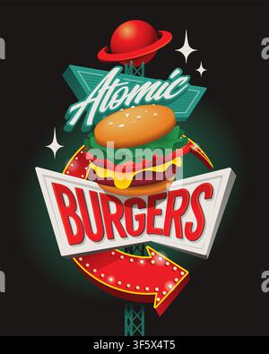 Insegna al neon vintage di burger atomico di metà secolo. Insegna di diner stile googie anni '50 con un hamburger, il pianeta Saturno e una freccia. Grafiche vettoriali modificabili. Illustrazione Vettoriale
