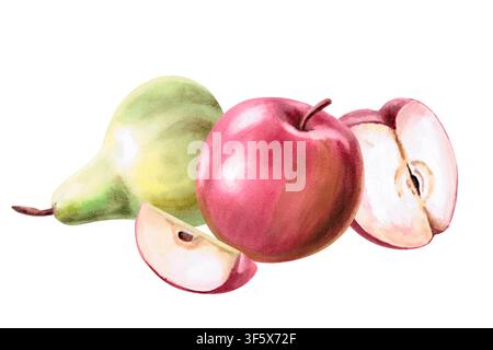 Composizione di mele e pere. Illustrazione acquerellata isolata per menu di caffetterie, etichette di dessert, confezioni di prodotti, blog culinari, bevande Foto Stock